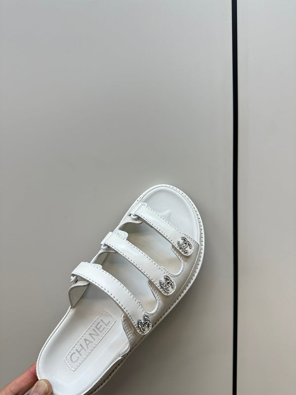 dad sandals white triple strap lambskin mules