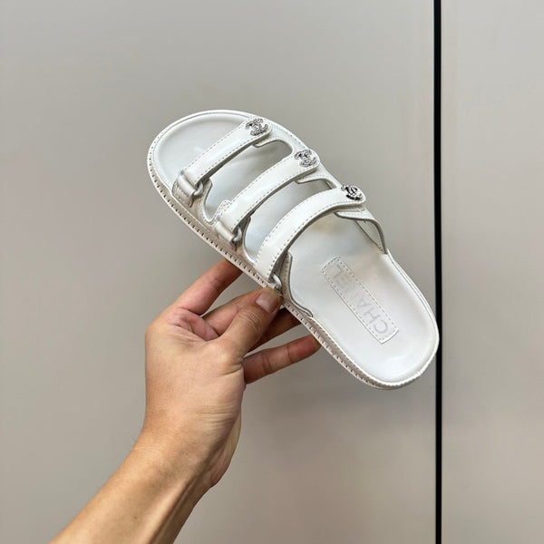 dad sandals white triple strap lambskin mules