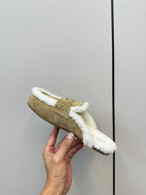 Miu Mule Half Fur Pelle Scamosciata Marrone Chiaro