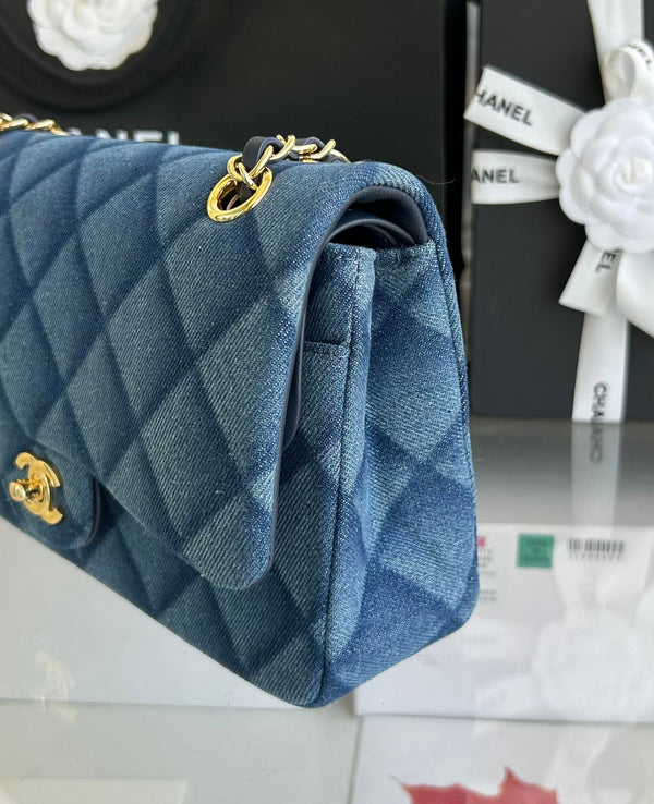 MINI FLAP BAG 20 IN CLASSIC BLUE DENIM GOLD HARDWARE