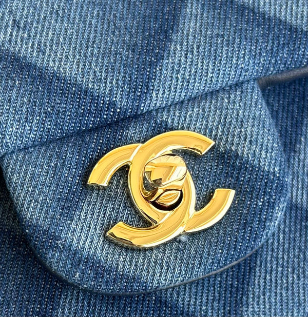 MINI FLAP BAG 20 IN CLASSIC BLUE DENIM GOLD HARDWARE