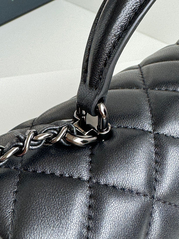 24c mini flap bag 20cm with top handle all black calfskin