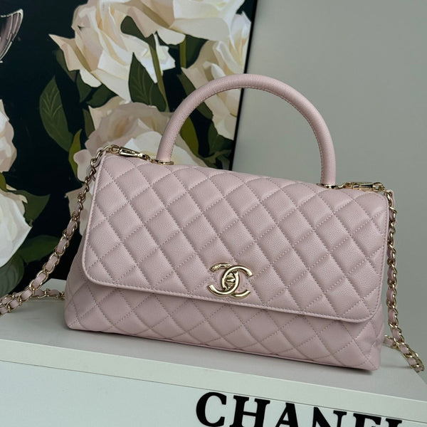 manico in cocco medio 29 cm rosa pastello trapuntato in pelle caviale hardware dorato