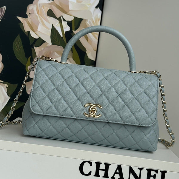 manico in cocco medio 29 cm azzurro cielo pelle trapuntata caviale hardware dorato