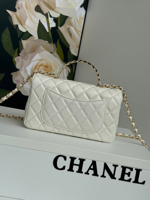 24c mini flap bag 20cm with top handle white lambskin