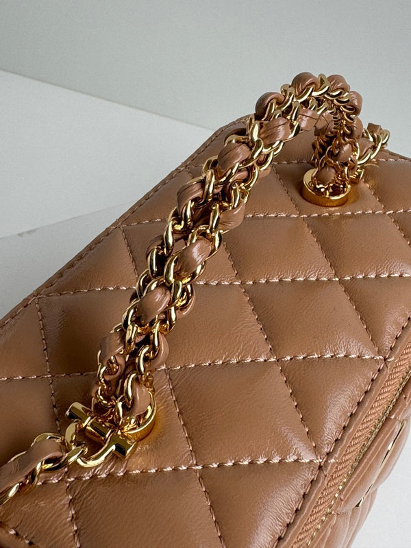 SMALL VANITY CASE 17 WITH HANDLE IN RUSSET BROWN CALFSKIN GOLD METAL CHAIN