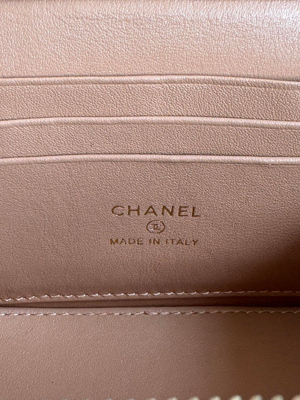 SMALL VANITY CASE 17 WITH HANDLE IN RUSSET BROWN CALFSKIN GOLD METAL CHAIN