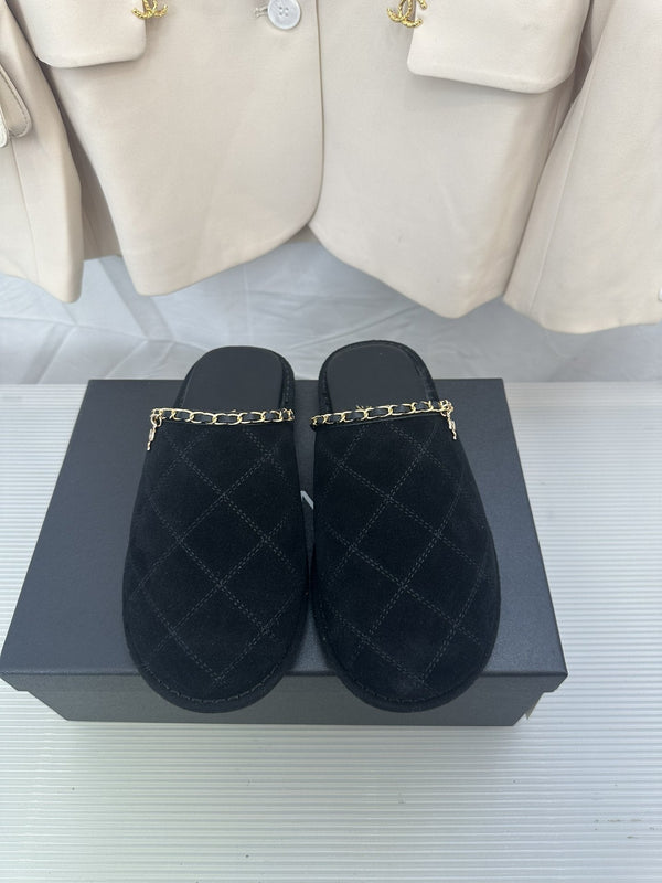 CC Black Suede Gold Chain Mules