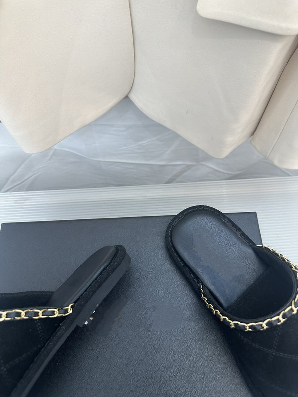 CC Black Suede Gold Chain Mules