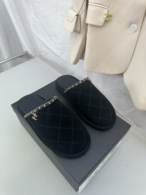 CC Black Suede Gold Chain Mules
