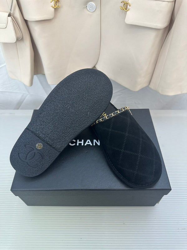 CC Black Suede Gold Chain Mules
