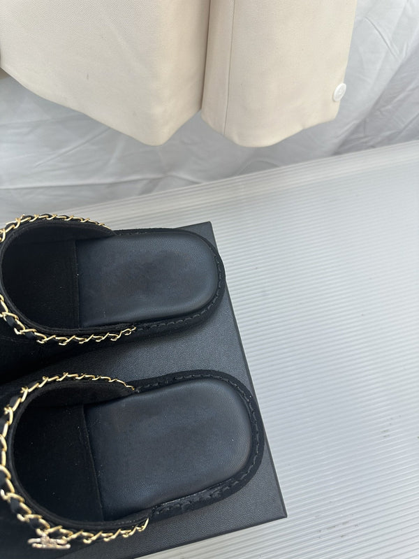 CC Black Suede Gold Chain Mules