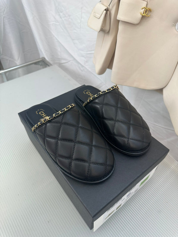 CC Black Lambskin Gold Chain Mules