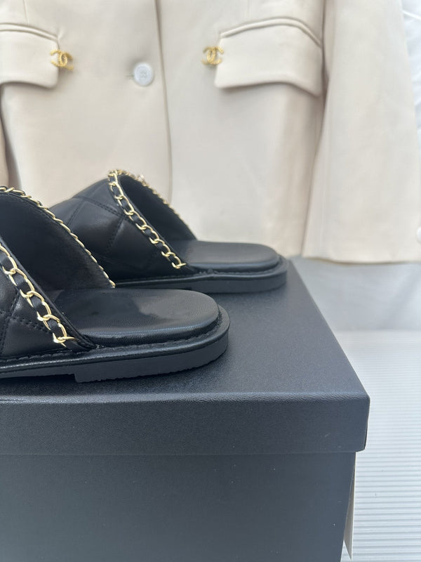 CC Black Lambskin Gold Chain Mules