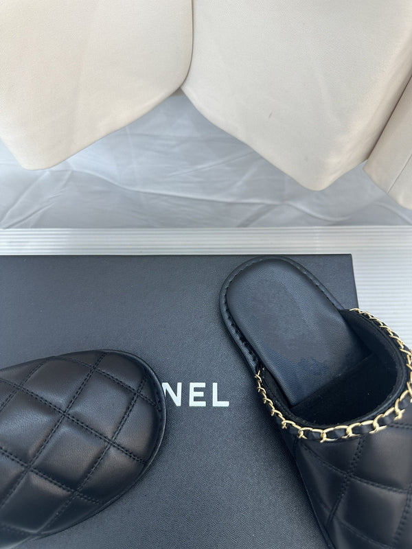 CC Black Lambskin Gold Chain Mules