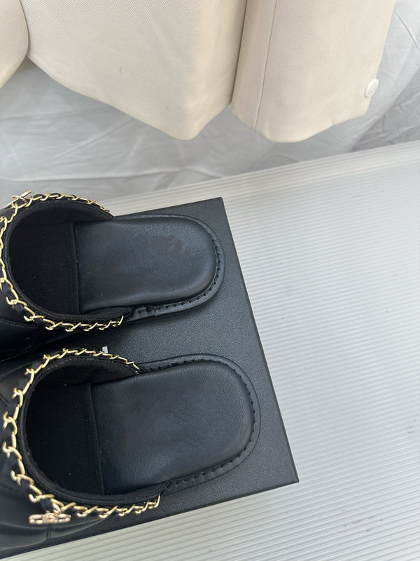 CC Black Lambskin Gold Chain Mules