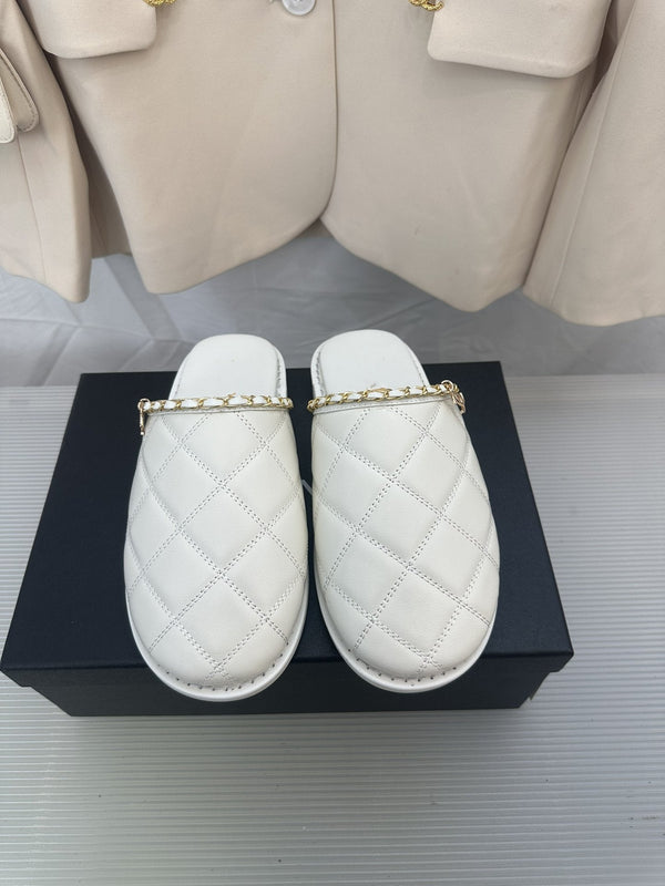 CC White Lambskin Gold Chain Mules