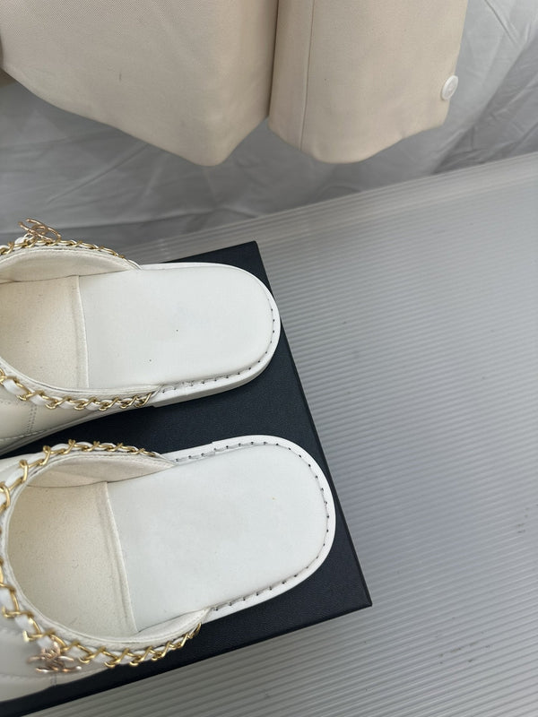 CC White Lambskin Gold Chain Mules
