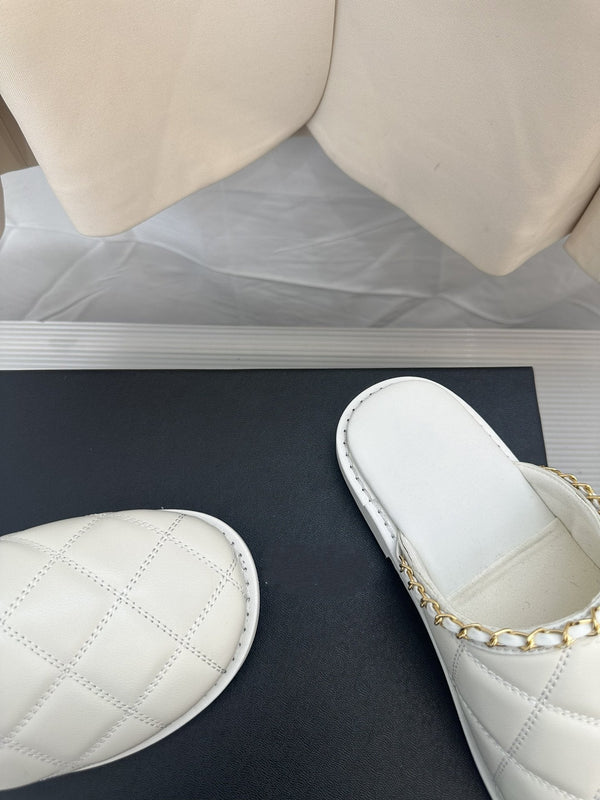 CC White Lambskin Gold Chain Mules