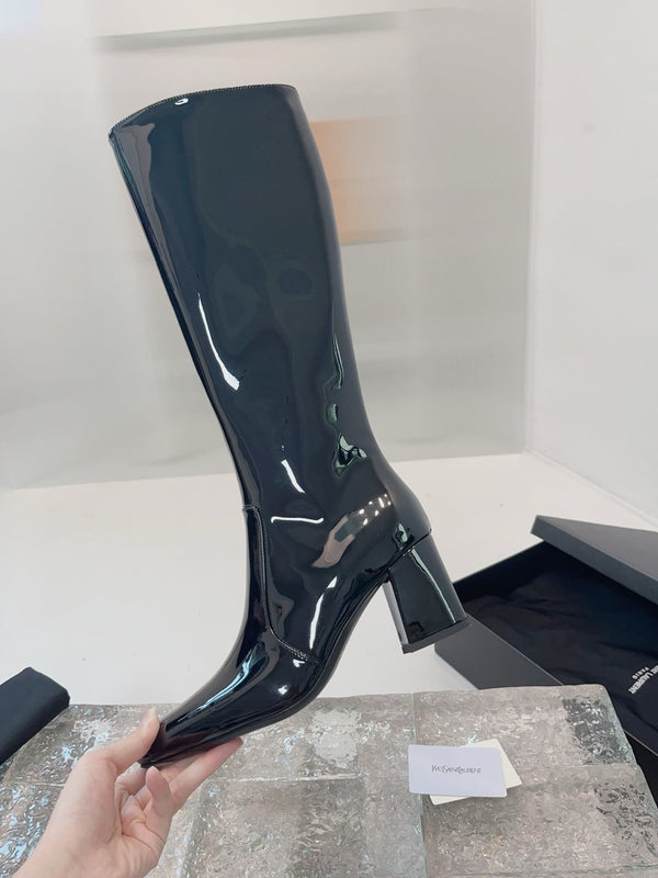 YSL 25 High Heeled Long Boot Black Patent Leather 522261