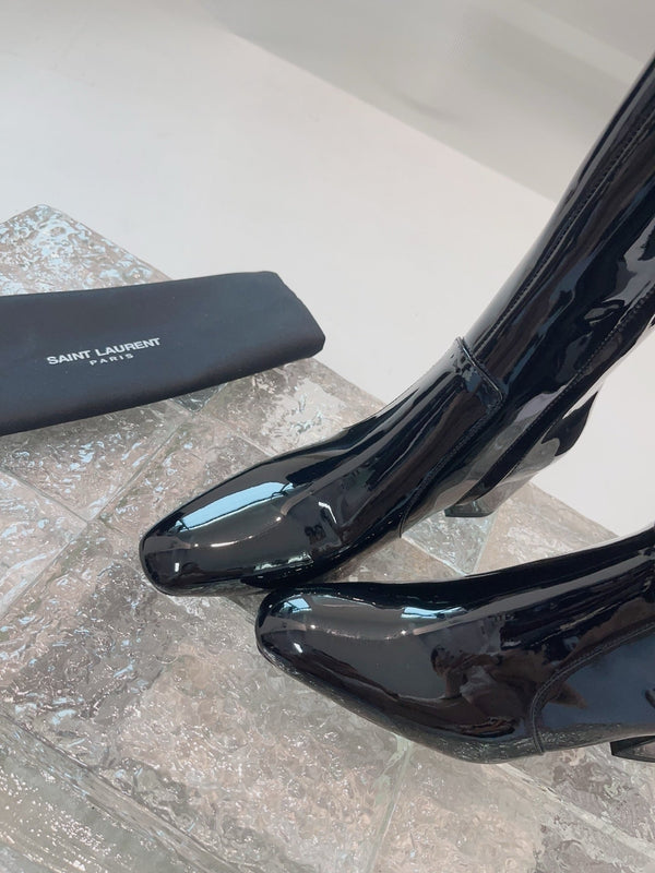 YSL 25 High Heeled Long Boot Black Patent Leather 522261