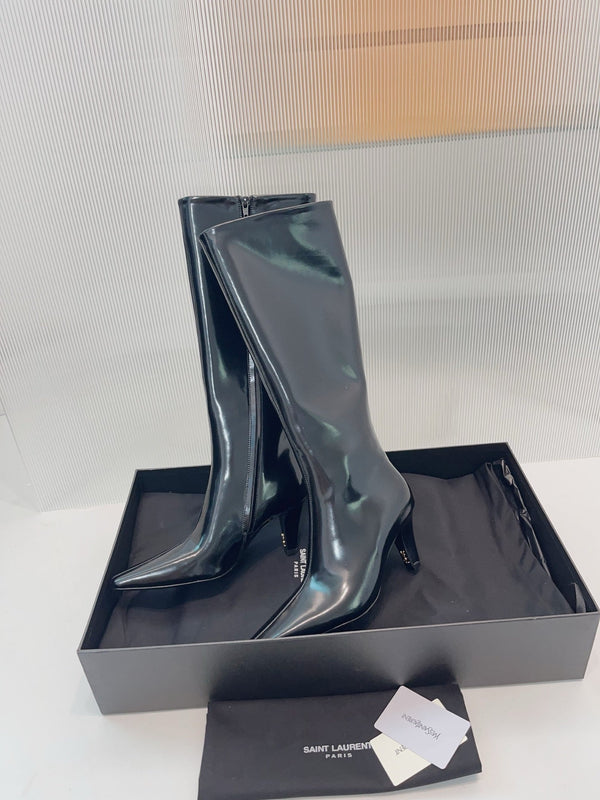 YSL 25 High Heeled Long Boot Black Cowhide 522263