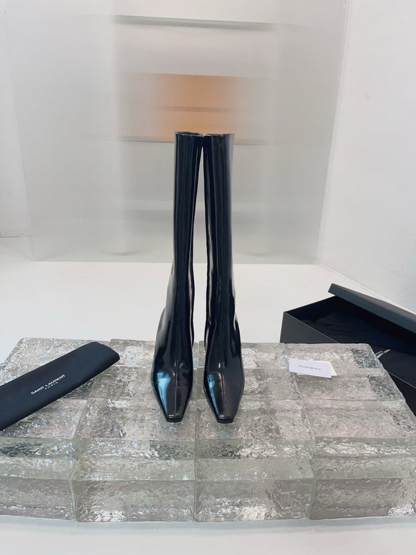 YSL 25 High Heeled Long Boot Black Cowhide 522263