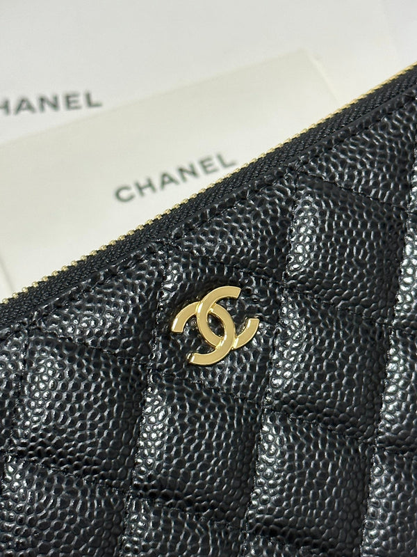 CC Long Zipped Wallet Black Quilted Caviar Gold Buckle 243681