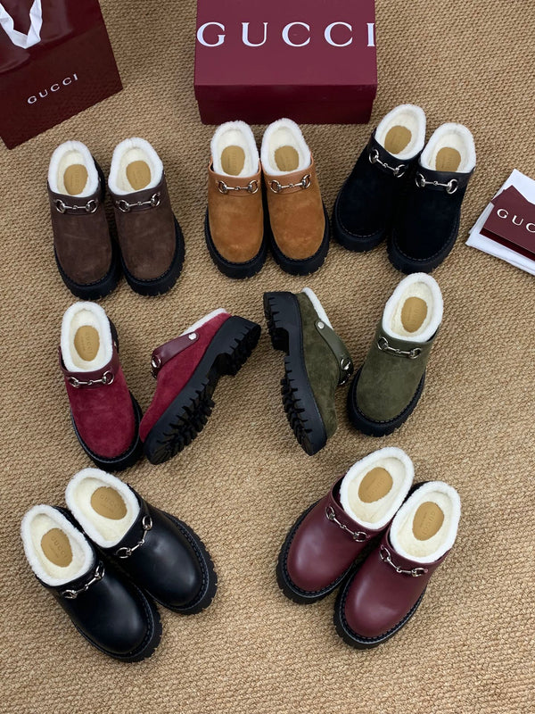 Gucci FW 25 Horsebit Suede Clog Red Suede with Shearling 506447