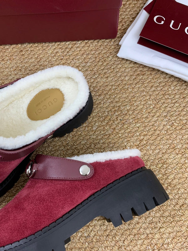 Gucci FW 25 Horsebit Suede Clog Red Suede with Shearling 506447