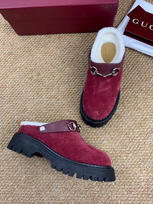 Gucci FW 25 Horsebit Suede Clog Red Suede with Shearling 506447