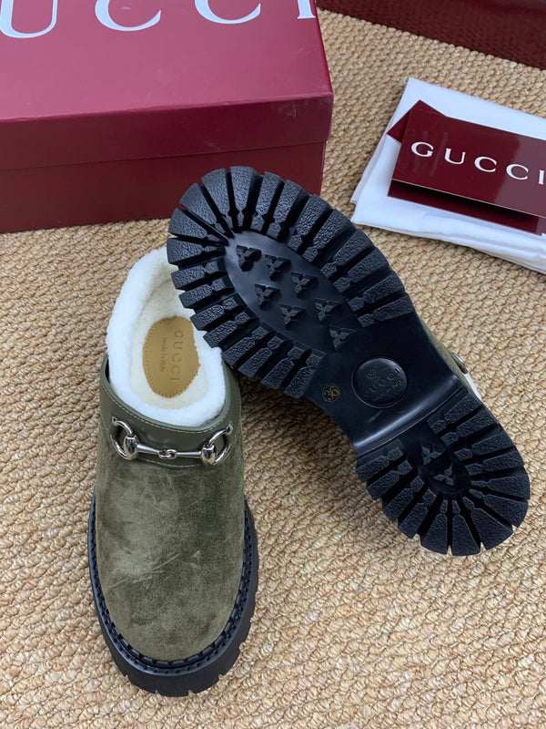 Gucci FW 25 Horsebit Suede Clog Dark Green Suede with Shearling 506446