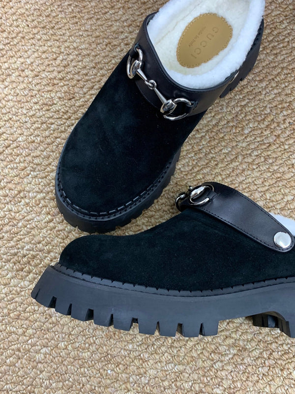 Gucci FW 25 Horsebit Suede Clog Black Suede with Shearling 506445