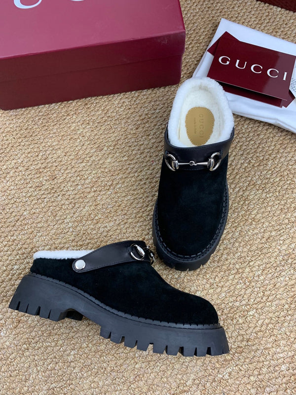 Gucci FW 25 Horsebit Suede Clog Black Suede with Shearling 506445