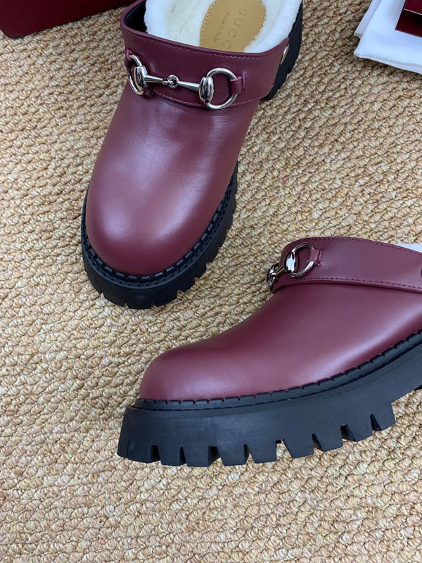 Gucci FW 25 Horsebit Suede Clog Deep Burgundy Leather with Shearling 506442