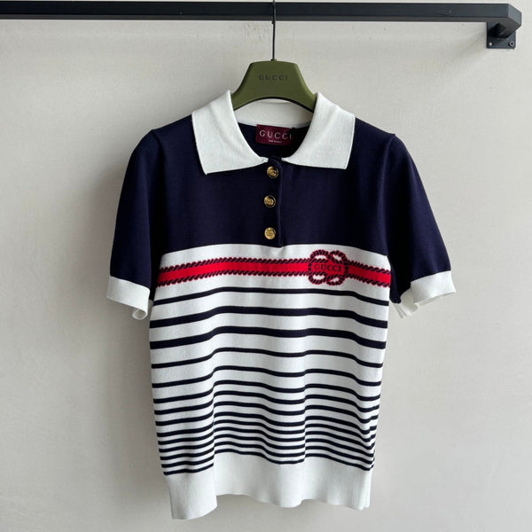Gucci Striped Polo Knitted Top Dark Blue White Cotton