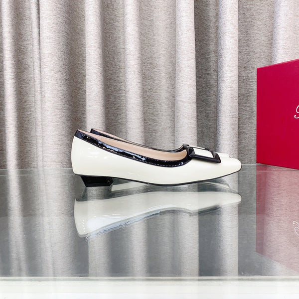 Viv Trompette Thick Heel Pumps White Cowhide Leather 283048