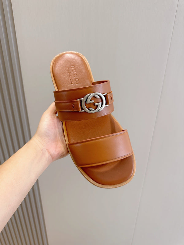 GG Men's Interlocking G Sandals Brown Cowhide 549482
