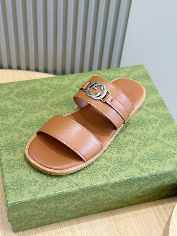 GG Men's Interlocking G Sandals Brown Cowhide 549482