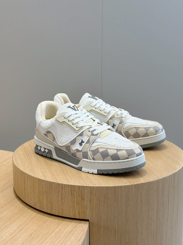LV TRAINER BEIGE CREAM DAMIER MIX WHITE GRAINED CALFSKIN