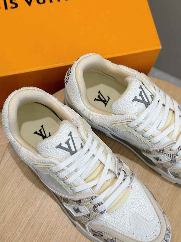 LV TRAINER BEIGE CREAM DAMIER MIX WHITE GRAINED CALFSKIN