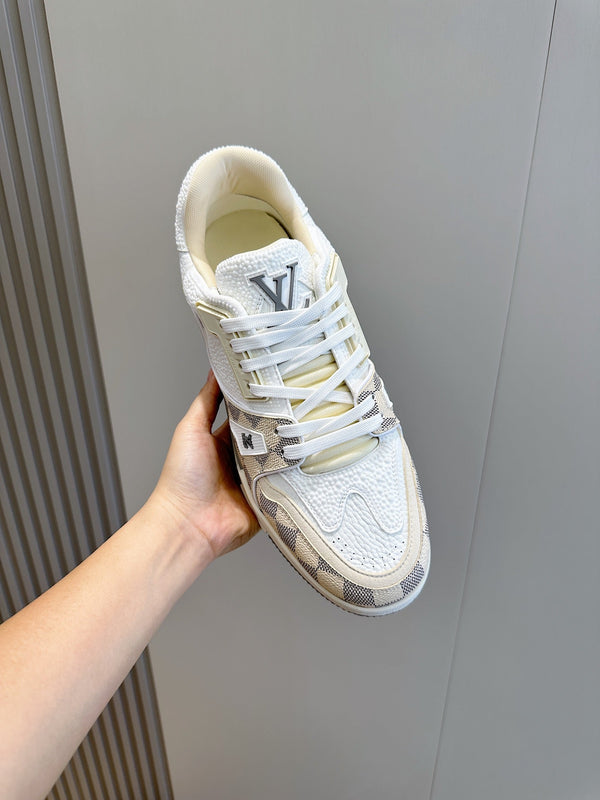 LV TRAINER BEIGE CREAM DAMIER MIX WHITE GRAINED CALFSKIN