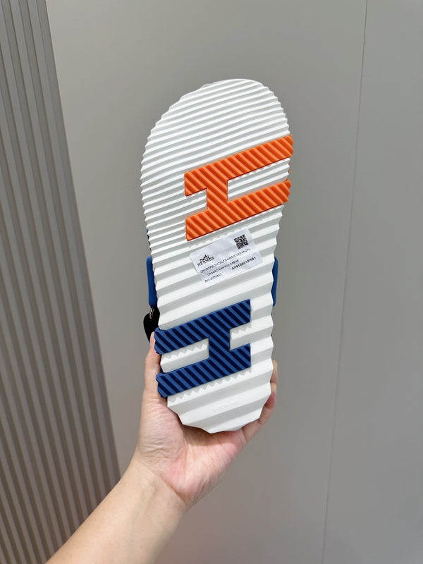 HM ELECTRIC SANDAL COBALT FABRIC AND CALFSKIN