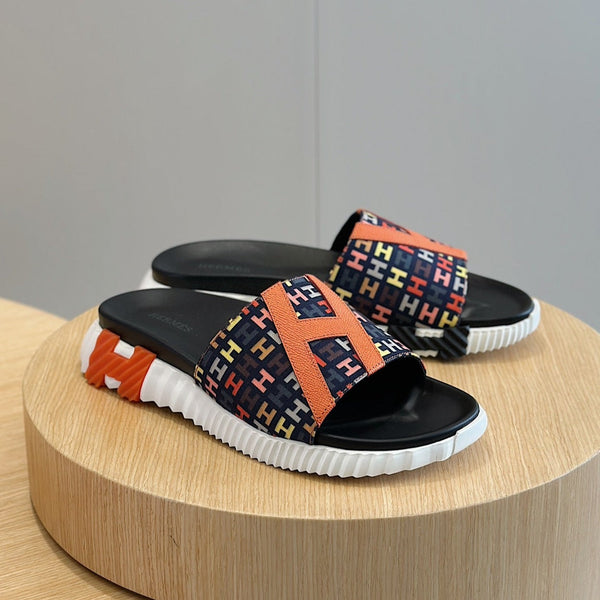 CIABATTE HM IN TELA MONOGRAMMA NERA E BLU MARINO