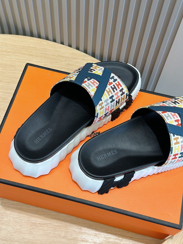 HM SLIPPERS BLACK AND WHITE MONOGRAM CANVAS