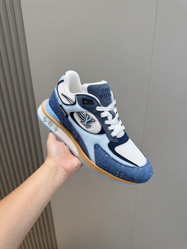 LV RUN AWAY SNEAKERS IN CERULEAN BLUE MESH FABRIC AND SUEDE