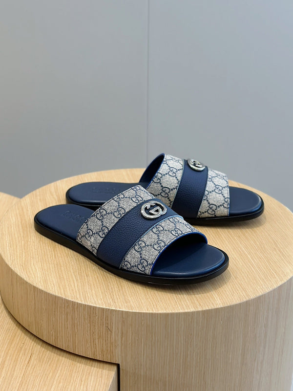 GG Men's Interlocking G Slides Blue Cowhide 547641
