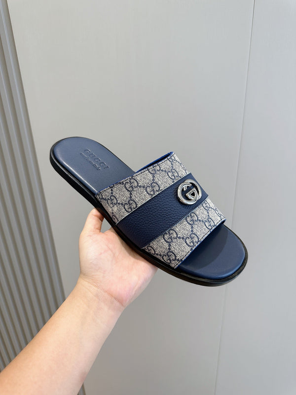 GG Men's Interlocking G Slides Blue Cowhide 547641