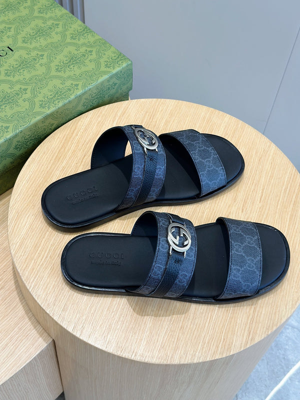 GG Men's Interlocking G Sandals Black Cowhide 547646