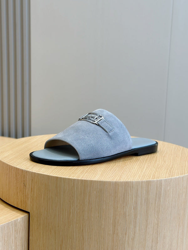 HM SILVER BUCKLE SLIPPERS CERULEAN SUEDE